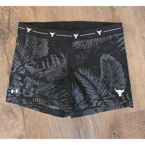 Under Armour X Project Rock 4" Compression Leaf Print Bike Shorts XL Paradise